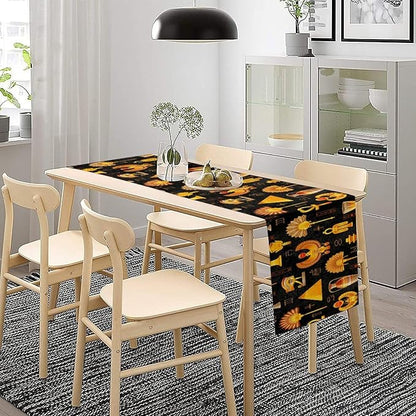 Egyptian Table Runner, Retro Egypt Mural Old Hieroglyphic Elements Ancient Mythology Hieroglyph Symbol Printed Kitchen Dining Table Runner for Kitchen Living Room Home Party 13x120in