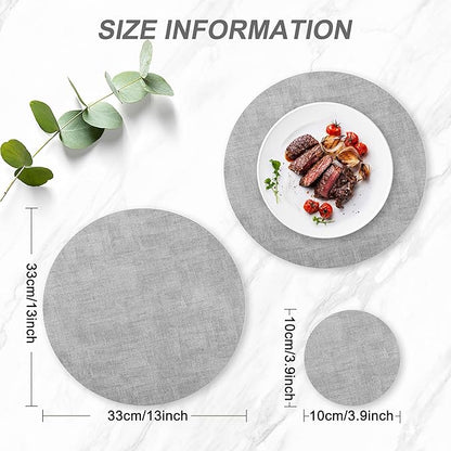 Round Faux Leather Placemats and Coasters, Set of 6, Reversible Heat Resistant Non-Slip Table Mats, Waterproof Wipeable Place Mats for Dining Table, Washable for Indoor & Outdoor (6, Light Grey)