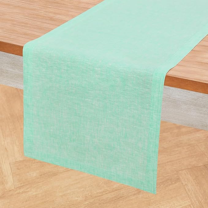 Solino Home Linen Table Runner 36 Inches - 100% Pure Linen Chambray Aqua Table Runner 14 x 36 Inch Ideal for Dresser and Coffee Tables - Athena, Winter, Spring, Easter