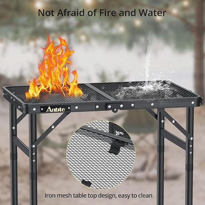 Anbte Folding Grill Table, Aluminum Camping Table Adjustable Height Max 27.5" Picnic Table Outdoor Table, Lightweight, Portable Handle for Travel Cooking BBQ Picnic, 22.8" x 16", Black