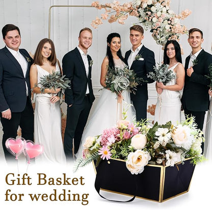 Tuanse 30 Pcs Basket for Gift Empty DIY Bulk Gift Basket Kit with Handle Kraft Cardboard Tray with 30 Bag 30 Bow Market Tray for Wedding Party(Black Gold,9.8 x 6.7 x 4.3 in)