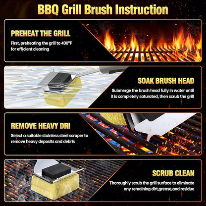 Grill Brush Bristle Free for Outdoor Grill, Steam Grill Cleaning Brush Replaceable BBQ Cleaner Brush Head,Extended Handle, Safe Grill Brush with Scraper for Cast Iron Stainless-Steel Grates,Black