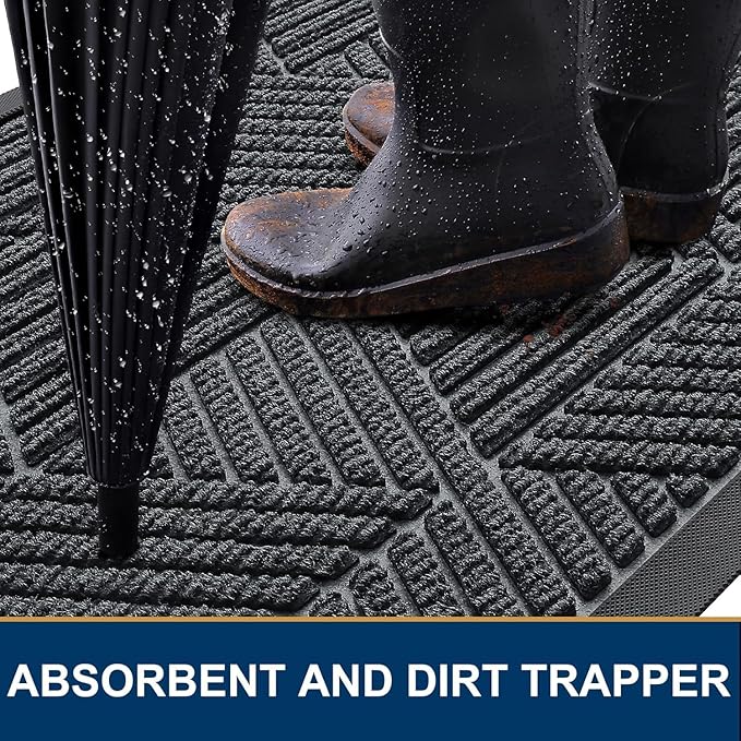 Smiry Front Door Mat Outside Entrance, Heavy Duty Sturdy Natural Rubber Doormat, Trap Dirt and Moisture, Easy Clean Low Profile Mats for Indoor Outdoor Entry, Irregular Triangle (59x24, Grey)