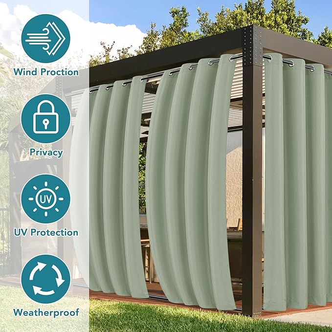 HolidayIdeas Outdoor Curtains for Patio Waterproof-4 Panels 54x84 Inch Windproof Weatherproof Privacy Sage Green Curtains-Grommet Top and Tab Bottom Drape for Gazebo, Porch, Pergola, Cabana, Backyard