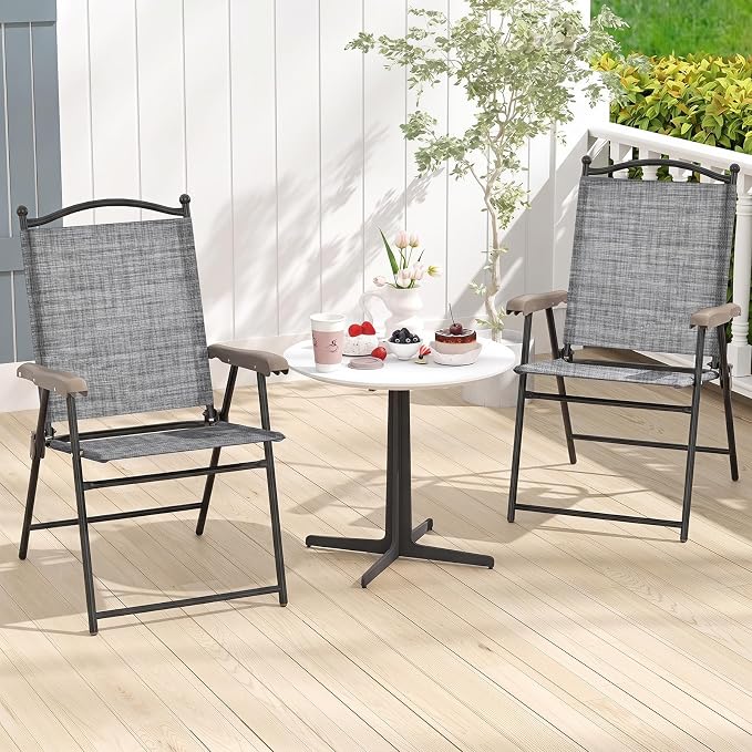 GIANTEX Set of 2 Patio Folding Chairs, Outdoor Patio Dining Chairs w/Armrest - Image 2
