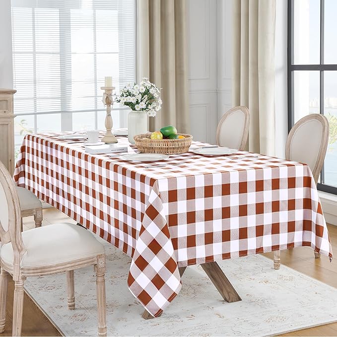 Softalker Gingham Checkered Tablecloth Rectangle - Outdoor Waterproof Buffalo Plaid Table Cloth, Stain Resistant Washable Table Cover for Picnic, Camping, Dining - Rust and White, 54 x 78 Inch