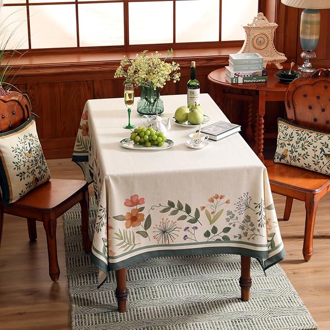 Beige Linen Small Rectangle Tablecloth,Vintage French Shabby Chic Floral Wrinkle Free Table Cloth,Decor Table Cover for Kitchen,Dining,Party,Christmas,Thanksgiving,55"*71"-Manolya