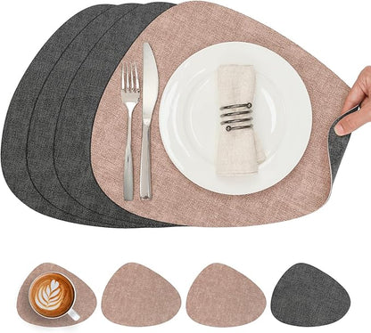 Placemats and Coasters, Washable Reversible Placemats Round Faux Leather Wipeable Place Mats Non Slip Heat Resistant Indoor Outdoor Table Mats (Set of 4, Gray Pink)
