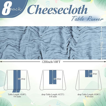 8 Packs Cheesecloth Table Runner 10FT Long Boho Gauze Fabric Table Runner Vintage Rustic Sheer Runners for Wedding Party Bridal Baby Shower Table Decorations (Dusty Blue)