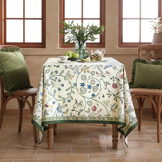 Linen Table Cloth Rectangle,Wrinkle Resistant French White and Green Tablecloth Print with Froal,Decor Stitch Table Cloth for Thanksgiving,Dining Room,Home,63" × 110"-Idaho A