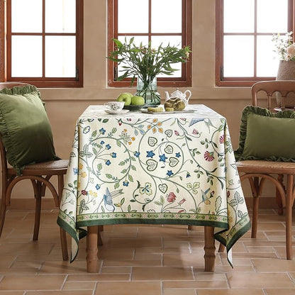 Linen Table Cloth Rectangle,Wrinkle Resistant French White and Green Tablecloth Print with Froal,Decor Stitch Table Cloth for Thanksgiving,Dining Room,Home,63" × 94"-Idaho A