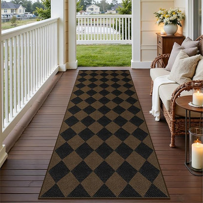 Easy Jute Checkered Runner Rug, 2.6x8 Coffee Modern Washable Rugs Runner for Hallway Non-Slip Kitchen Runner Rug, Geometric Diamond Indoor Outdoor Carpet for Porch Laundry Entryway