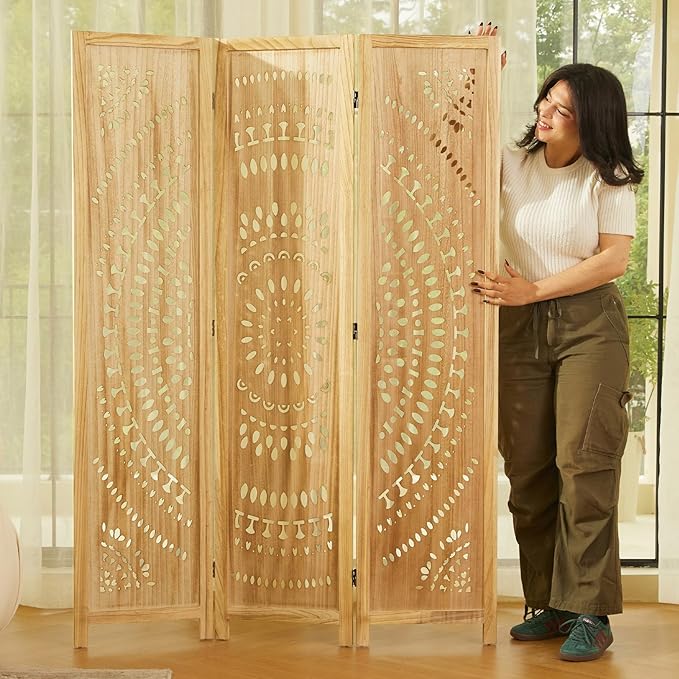 Room Divider Wood Carved Wall Divider Indoor Folding Bohemian Style Portable Partition Screen for Home Office Garden Terrace - 3 Panels (Natural)