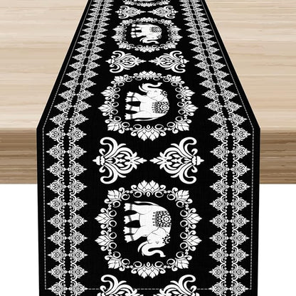 Boho Elephant Table Runner, Rustic Black African Tribe Animal Damask Diwali India Mandala Art Print Coffee Table Center Decor for Home Kitchen Holiday Party Outdoor Table Decorations, 13"x90"