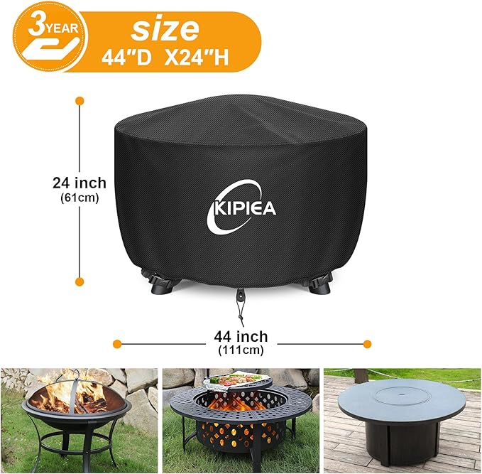 Kipiea Round Fire Pit Cover - 100% Waterproof Upgraded 600D Strong Tear Resistant Firepit Cover, UPF 50+ Outdoor Fire Pit Cover Fading Resistant, 44" Dia X 24" H