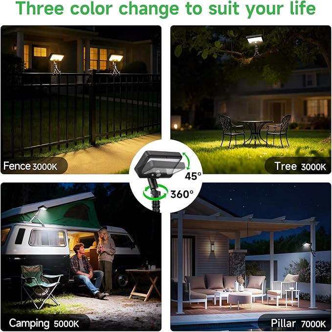 Solar Motion Sensor Outdoor Lights with Flexible Octopus Tripod, 600LM Lights with AC/DC Wired, IP65 Waterproof Adjustable Fixture Black for Camping Outside [4-Pack]