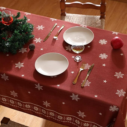 ISAENNE Designer Christmas Red Rectangular Tablecloth,Linen Table Cloth with Snowflakes Pattern,Wrinkle Resistant Decor Tablecloths for Dining Kitchen Thanksgiving Christmas,55"*87"-Carol C