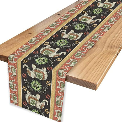 Boho Elephant Table Runner, Rustic African Tribe Indian Diwali Floral Ethnic Rustic Green Coffee Table Center Decor for Home Kitchen Dining Holiday Party Country Outdoor Table Decorations, 13"x72"