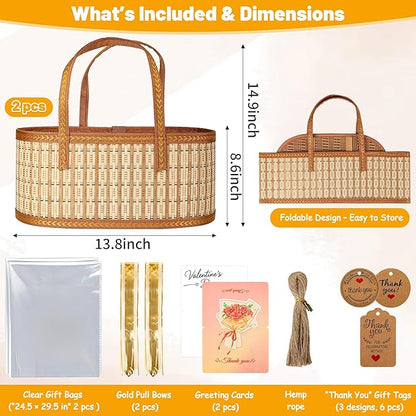 Leevcok 2 Set Baskets for Gifts Empty, Large Bamboo Gift Basket with Handle, Foldable Reusable Decorative Woven Basket for Christmas, Baby Shower, Mother's Day, Housewarming, Wedding