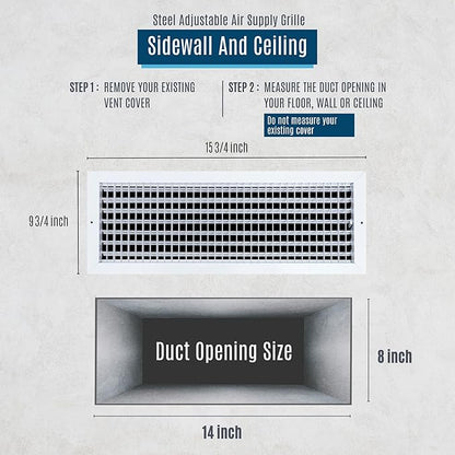 [2 Pack] Fits 14x8 Duct Opening Steel Adjustable Air Supply Grille by Handua | Register Vent Cover Grill for Sidewall and Ceiling | White | Outer Size: 15.75" X 9.75"