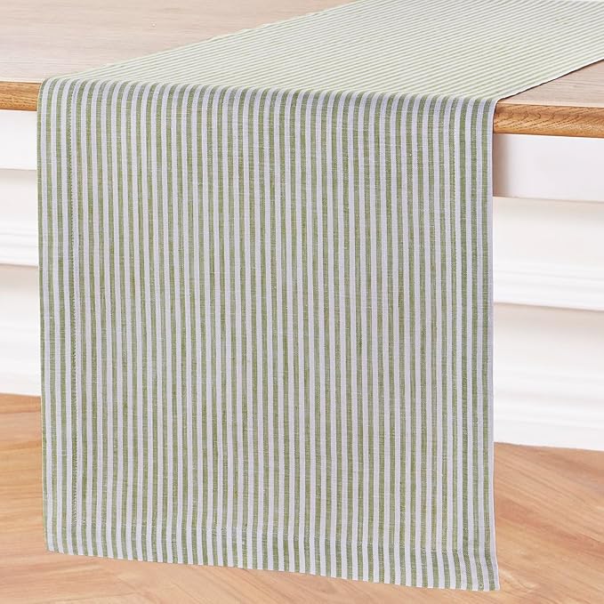 Solino Home Linen Table Runner 72 Inches Long - Narrow Stripe, 100% Pure Linen Avocado and White Table Runner 14 x 72 Inch for Dining, Dresser, Winter, Spring, St Patricks Day, Easter
