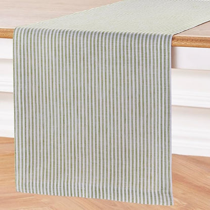 Solino Home Linen Table Runner 72 Inches Long - Narrow Stripe, 100% Pure Linen Avocado and White Table Runner 14 x 72 Inch for Dining, Dresser, Winter, Spring, St Patricks Day, Easter