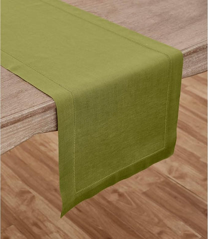 Solino Home Linen Avocado Green Table Runner 90 Inches Long - 100% Pure Linen Hemstitch 14 x 90 Inch Table Runner for Dining, Spring, Easter, St Patricks Day - Classic Hemstitch