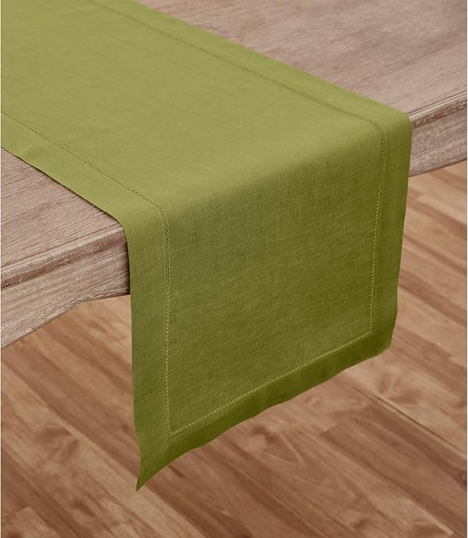 Solino Home Linen Table Runner 120 Inches Long - 100% Pure Linen Avocado Green Table Runner 14 x 120 Inch for Spring, Easter, St Patricks Day - Classic Hemstitch