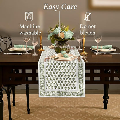 CPC Cotton Table Runner 16x60 Inch Block Printed Long Fall Table Runner for Dining Table, Card Table, Coffee Table, Wedding, Farmhouse & Outdoor Barbeque-Emerald Green