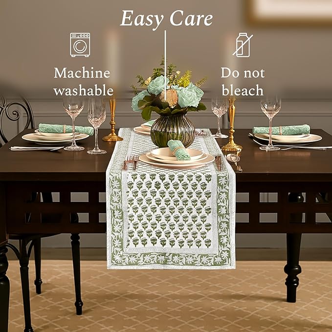 CPC Cotton Table Runner 16x108 Inch Block Printed Long Fall Table Runner for Dining Table, Card Table, Coffee Table, Wedding, Farmhouse & Outdoor Barbeque-Emerald Green
