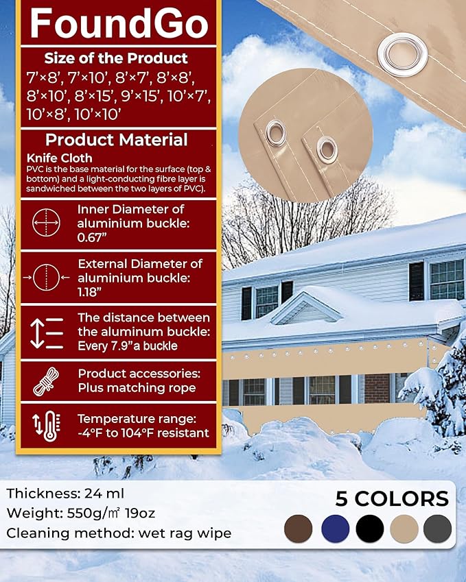 FoundGo 10'H x 10'W Vinyl Curtains for Patio 19oz, Outdoor Clear Vinyl Patio Enclosure,Heavy Duty Clear Tarp Waterproof PVC Tarps with Grommets for Pergola, Balcony,Porch,Gazebos，-4℉ Cold Resistant