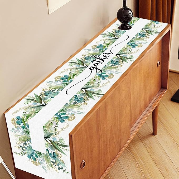 Farmhouse Table Runner, Green Gold Eucalyptus Spring Seasonal Plants Rustic Country Cafe Coffee Table Center Decor for Home Kitchen Dining Patio Indoor Outdoor Table Decorations, 13"x90" Inch