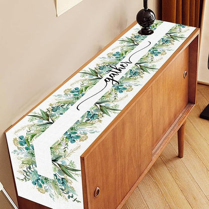 Farmhouse Table Runner, Green Gold Eucalyptus Spring Seasonal Plants Rustic Country Cafe Coffee Table Center Decor for Home Kitchen Dining Patio Indoor Outdoor Table Decorations, 13"x90" Inch