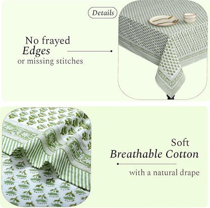 CPC Cotton Tablecloth 80x120 Inch Rectangle Indian Block Print Tablecloth- Green Washable Wedding Table Cover for Thanksgiving/Christmas- Emerald Green