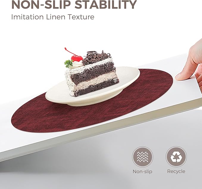 13"Round Placemats Set of 8, Reversible Faux Leather Heat Resistant Table Mats, 100% Waterproof Oilproof Wipeable Table Protective Placemats for Vinyl, Washable for Indoor & Outdoor Use (8, burgundy)