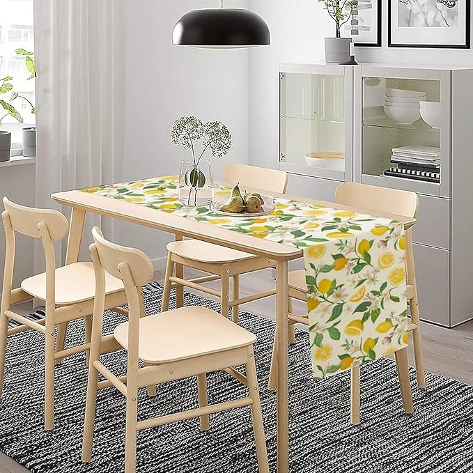 Yellow Lemon Table Runner,Spring Floral Summer Fruits Print Table Decoration for Farmhouse Kitchen Dinner Dining Table Holiday Party Home Decor 13x70in