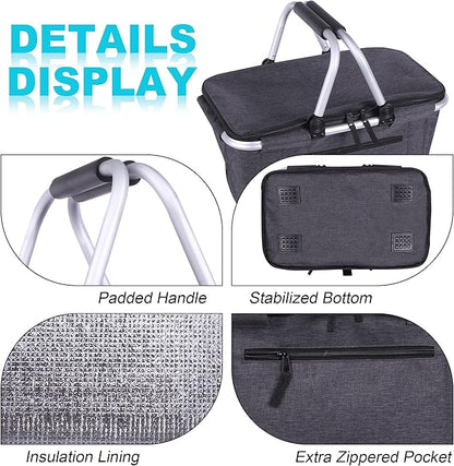 Picnic Basket, SIYUAN Collapsible Market Basket Insulted Cooler with Handles 27L Large Farmers Grocery Basket with Lid Portable Tote Bag, Black