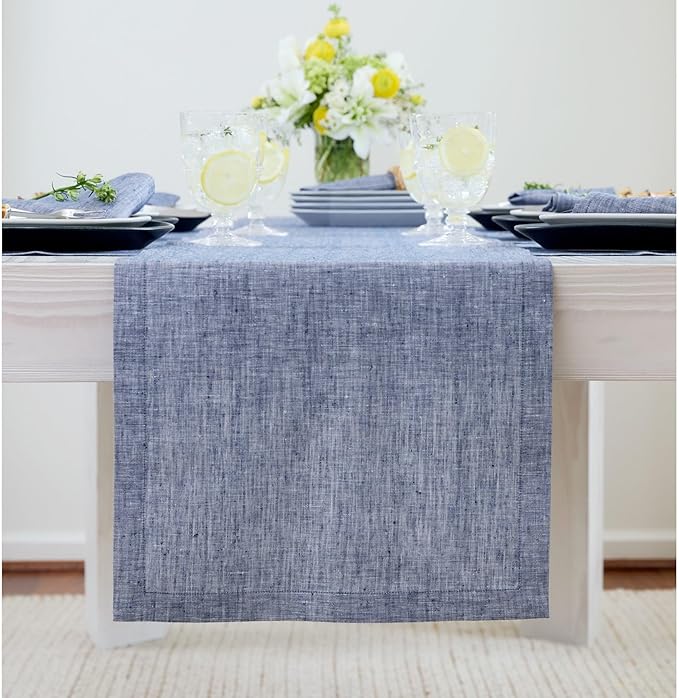 Solino Home Linen Table Runner 144 Inches Long - Athena, 100% Pure Linen Chambray Indigo 14 x 144 Inch Table Runner for Dining, Spring, Easter