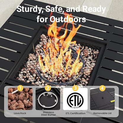 Royalcraft 2 in 1 Propane Fire Pit Table, 50000 BTU Gas Fire Pits Table with Removable Lid, Lava Rock and Cover, Square Fire Table for Dining or Party on Garden, Patio, Yard, 30", Black