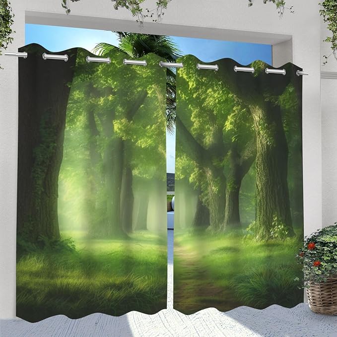 Forest Theme Outdoor Curtains for Patio Waterproof,Dawn Trees Jungle Pattern,Grommet Curtain for Bedroom, Porch, Living Room, Pergola, Cabana,Set of 2 Panels,54 x 108 inch,Green