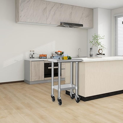 HARDURA Stainless Steel Commercial Table Prep & Work Table with Casters Heavy Duty Metal Table with Wheels NSF 430 18×24 Inches