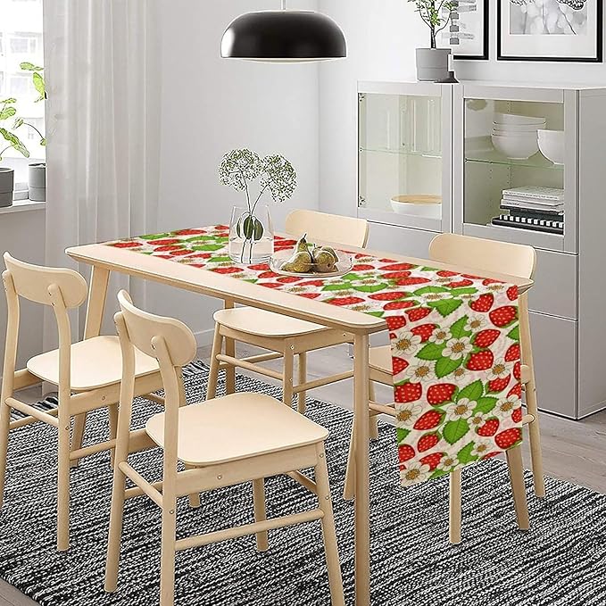 Spring Strawberry Table Runner, Floral Strawberries Flowers Leaf Season Inspirational Design Table Runner for Kitchen Dining Party Holiday Home 13x70in