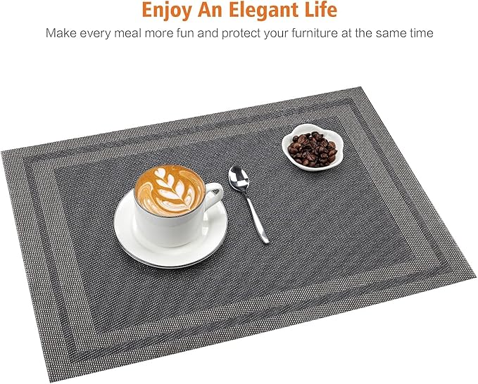 Placemats Set of 8,Washable, Vinyl Woven Non Slip Table Mats for Restaurant Table Protection, PVC Table Placemats (Black, 4PCS 12" Wx18 L)