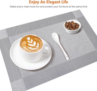 Placemats Set of 8,Washable,Heat and Stain Resistant Indoor/Outdoor Place mats,Vinyl Woven Non Slip Table Mats for Restaurant Table Protection,PVC Placemats(Silver, 8PCS)