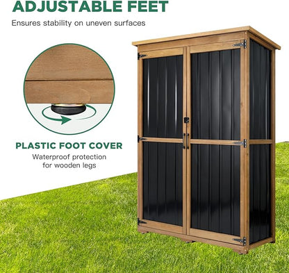 Outdoor Storage Cabinet Waterproof with Shelves, Outdoor Storage Shed Garage Cabinet Weatherproof, Wood & Metal Outside Patio Backyard Garden Pool Storage Tool Organizer