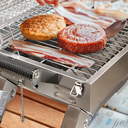 Stainless Steel Portable Grill with Two Handles and Travel Locks, Tabletop Propane Gas Grill with Folding Legs, 10000 BTU, for Picnic Cookout, GT2001, Silver