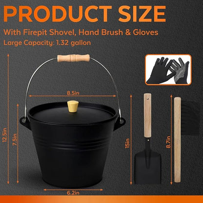 Small Ash Bucket with Lid and Shovel, Metal Fireplace Ash Bucket with Broom, Complete Fireplace Tools Set for Wood Stove and Fireplace, Black