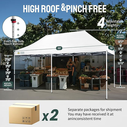 CROWN SHADES 10x20 Pop Up Canopy Tent - Commercial Canopy Tent with 400D Strength Oxford Fabric, Hexagonal Leg, 4 Upgraded Weights - Great for Trade Shows, Events, Parties & Commercial Use, White
