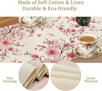 Cherry Flower Table Runner, Seasonal Spring Cherry Blossoms Branches Watercolor Floral Print Table Cover for Kitchen Dining Table Indoor Outdoor Party Decor, 13x36inch