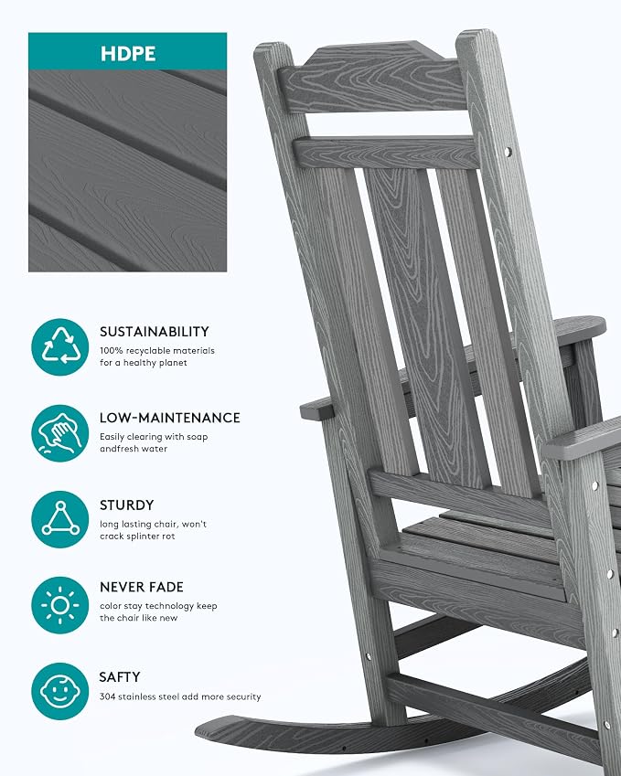 SERWALL Oversized Outdoor Rocking Chairs Set of 2, HDPE Front Porch Rocker - Image 6